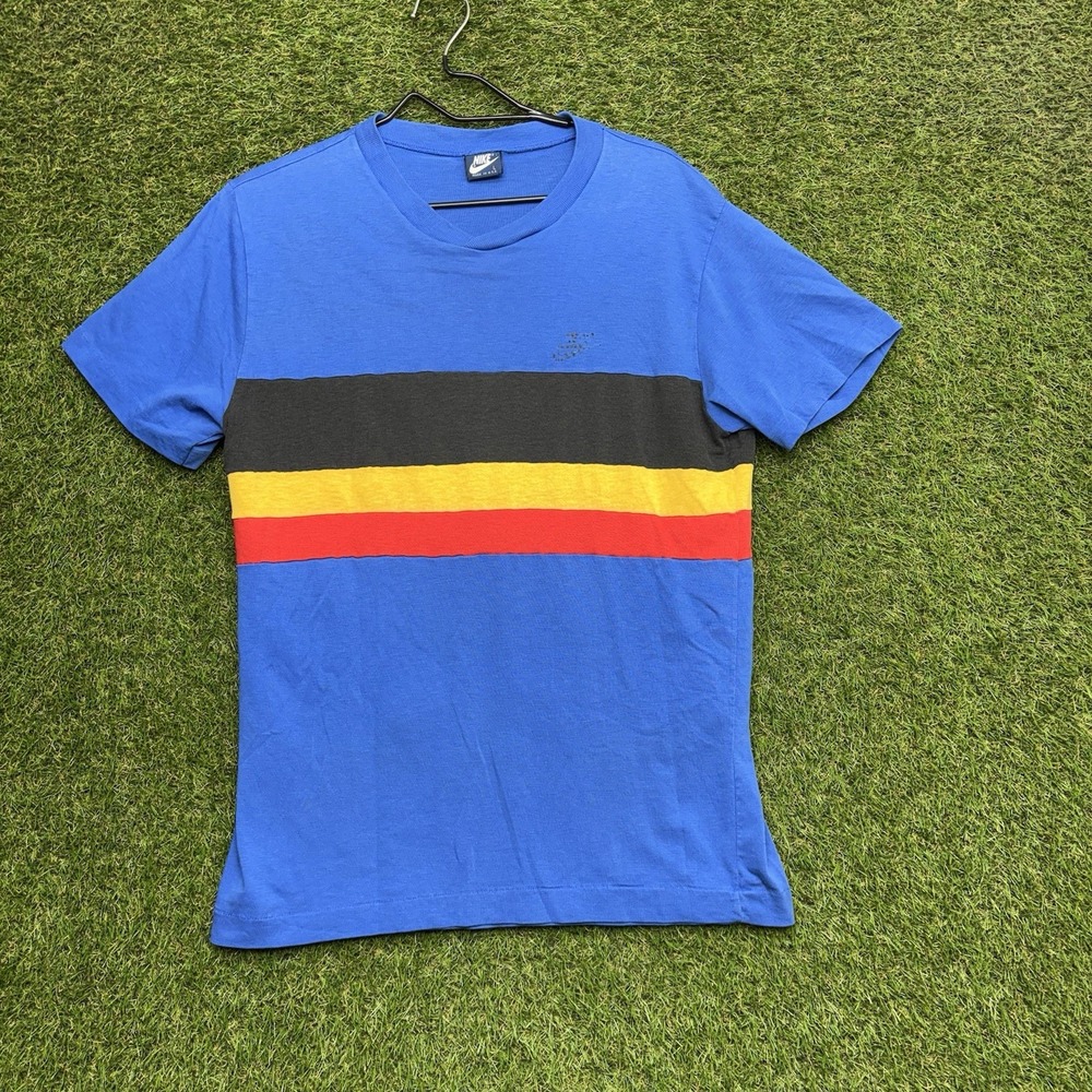 Vintage Nike Shirt Mens Large Blue 70s Retro Striped Short Sleeve True V